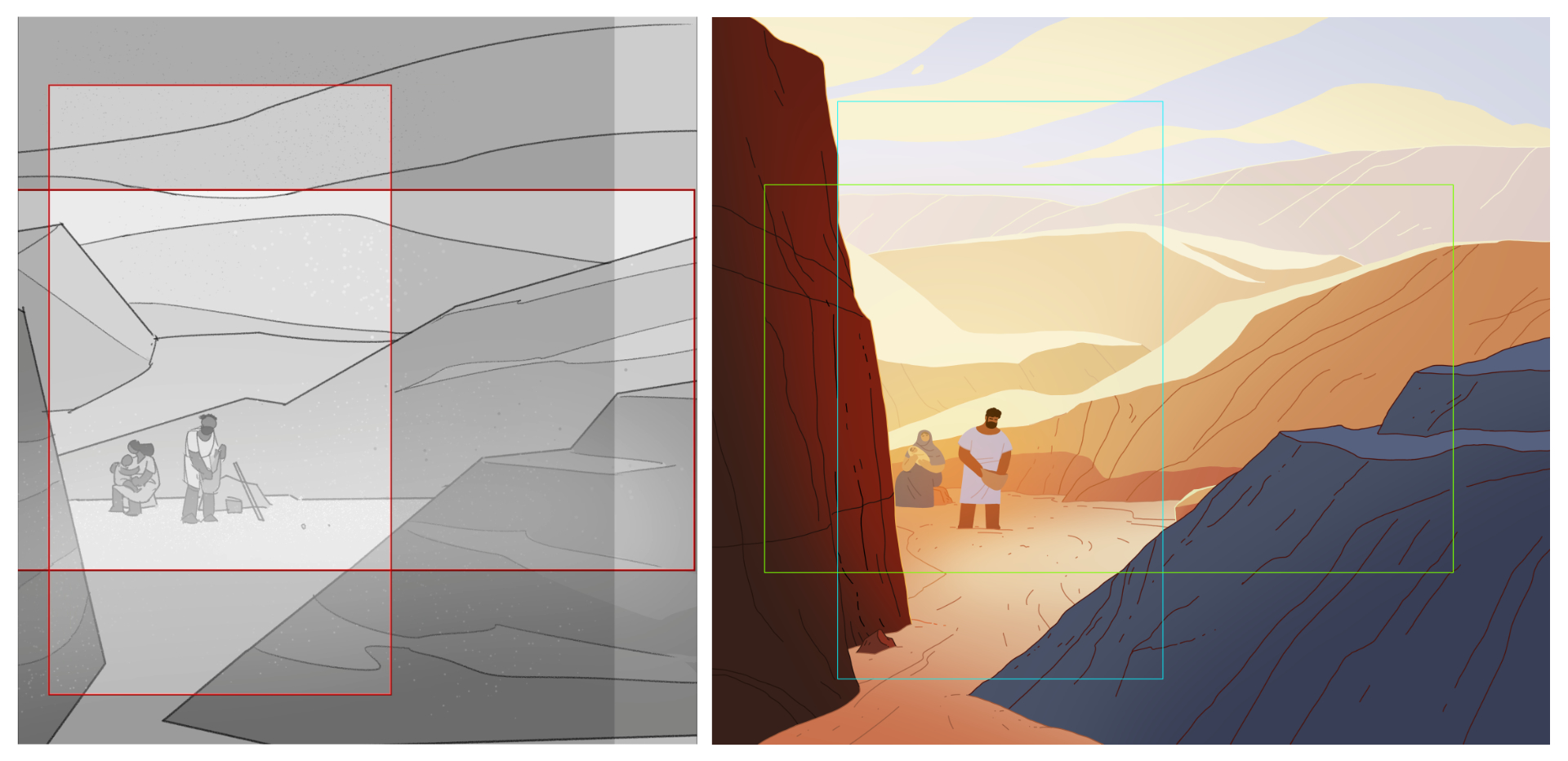 Left: Shot 20 in the Animatic. Right: the same shot framed in the final Photoshop file.