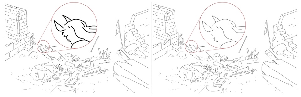 On the left: you can see how when scaled, the line work in Photoshop gets blurry and thicker. On the right: an example of how converting some selective line art layers to vector in Illustrator results in the line work maintaining its sharpness and width.